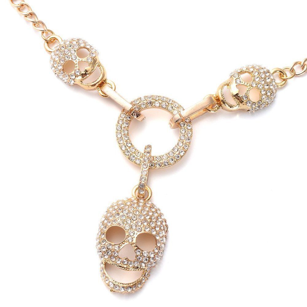 White Austrian Crystal Skull Charm Necklace (24 Inches) in Goldtone